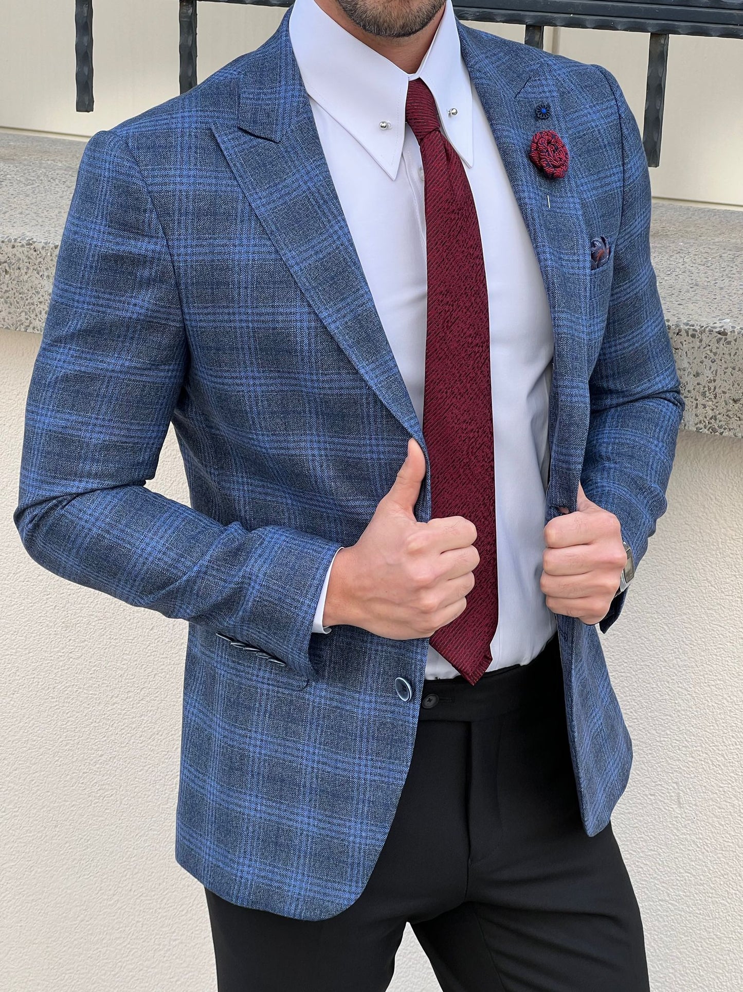 Messina Navy Blue Plaid Slim Fit Blazer