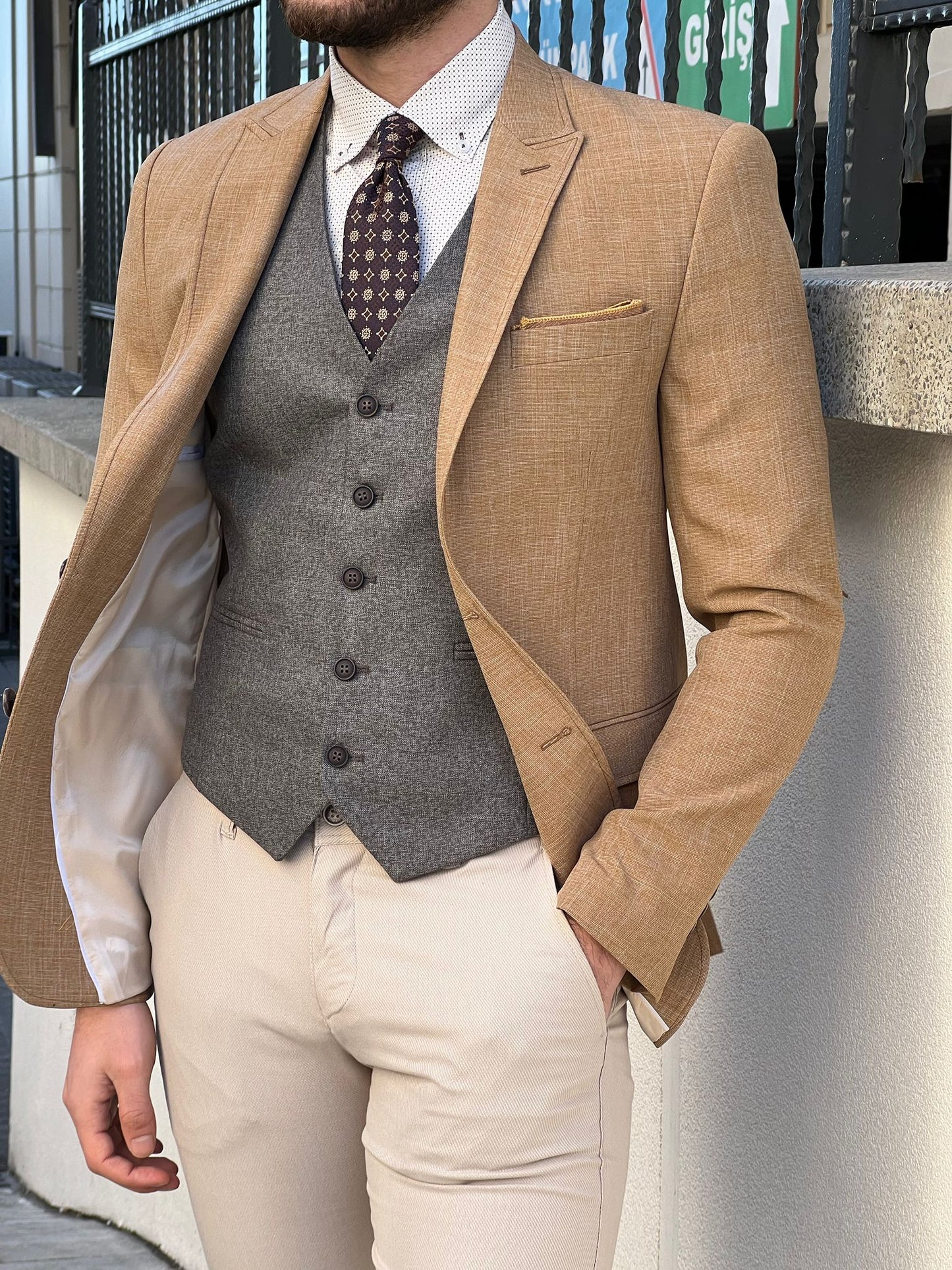 Oliver Mustard Self-Patterned Slim Fit Blazer