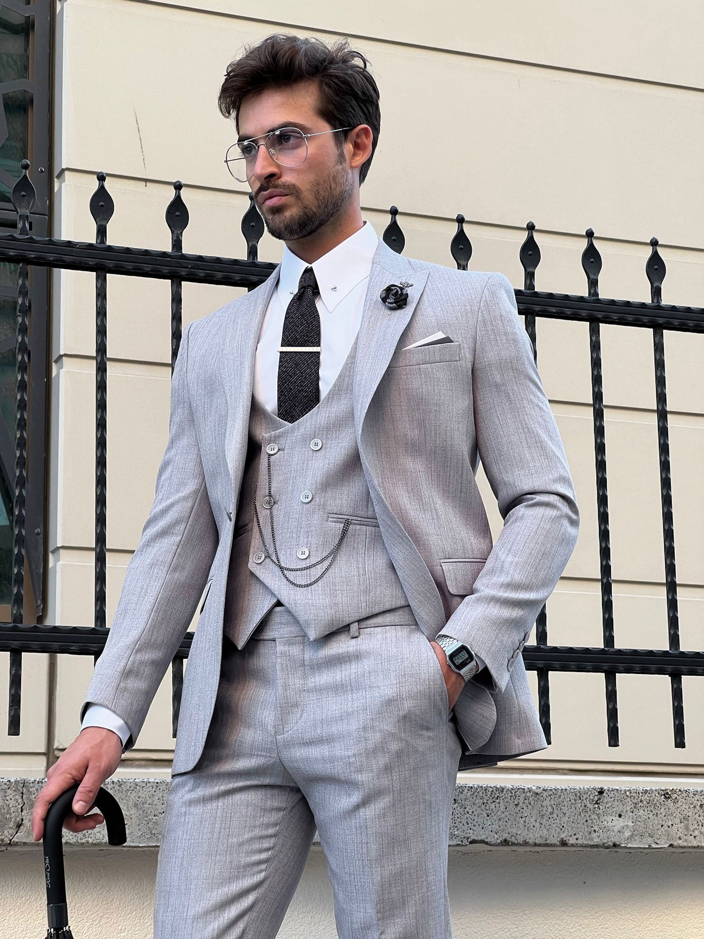 Luton Gray Self-Patterned Slim Fit Suit