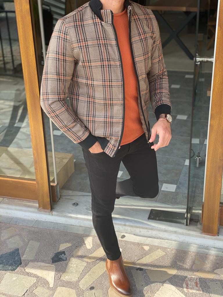 Madison Beige Plaid Slim Fit Coat