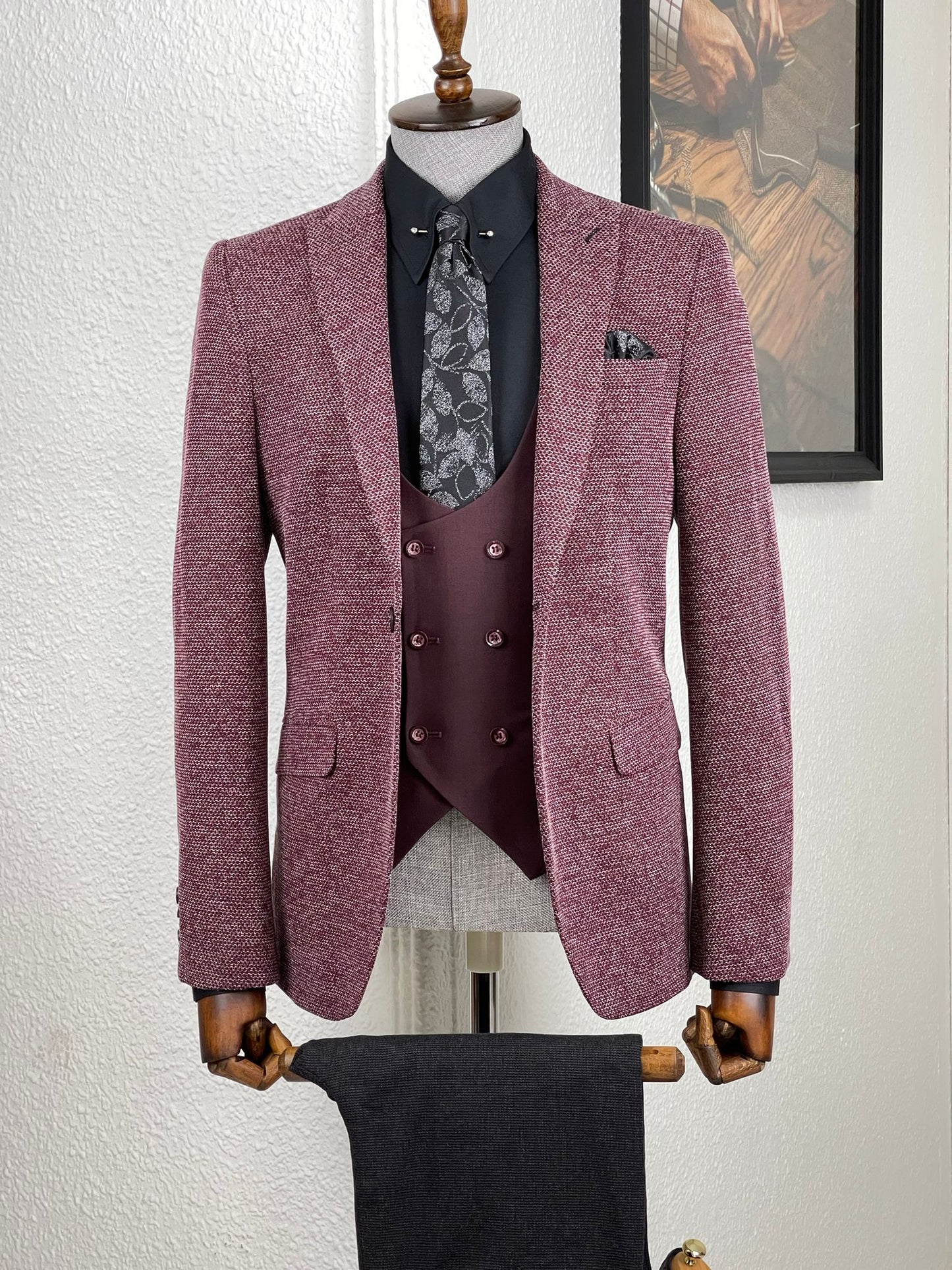 Blake Claret Red Self-Patterned Slim Fit Suit