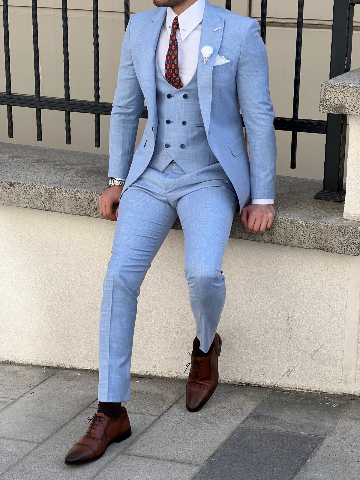 Thomas Blue Self-Patterned Slim Fit Suit