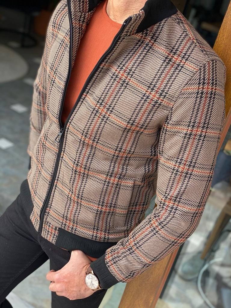 Madison Beige Plaid Slim Fit Coat