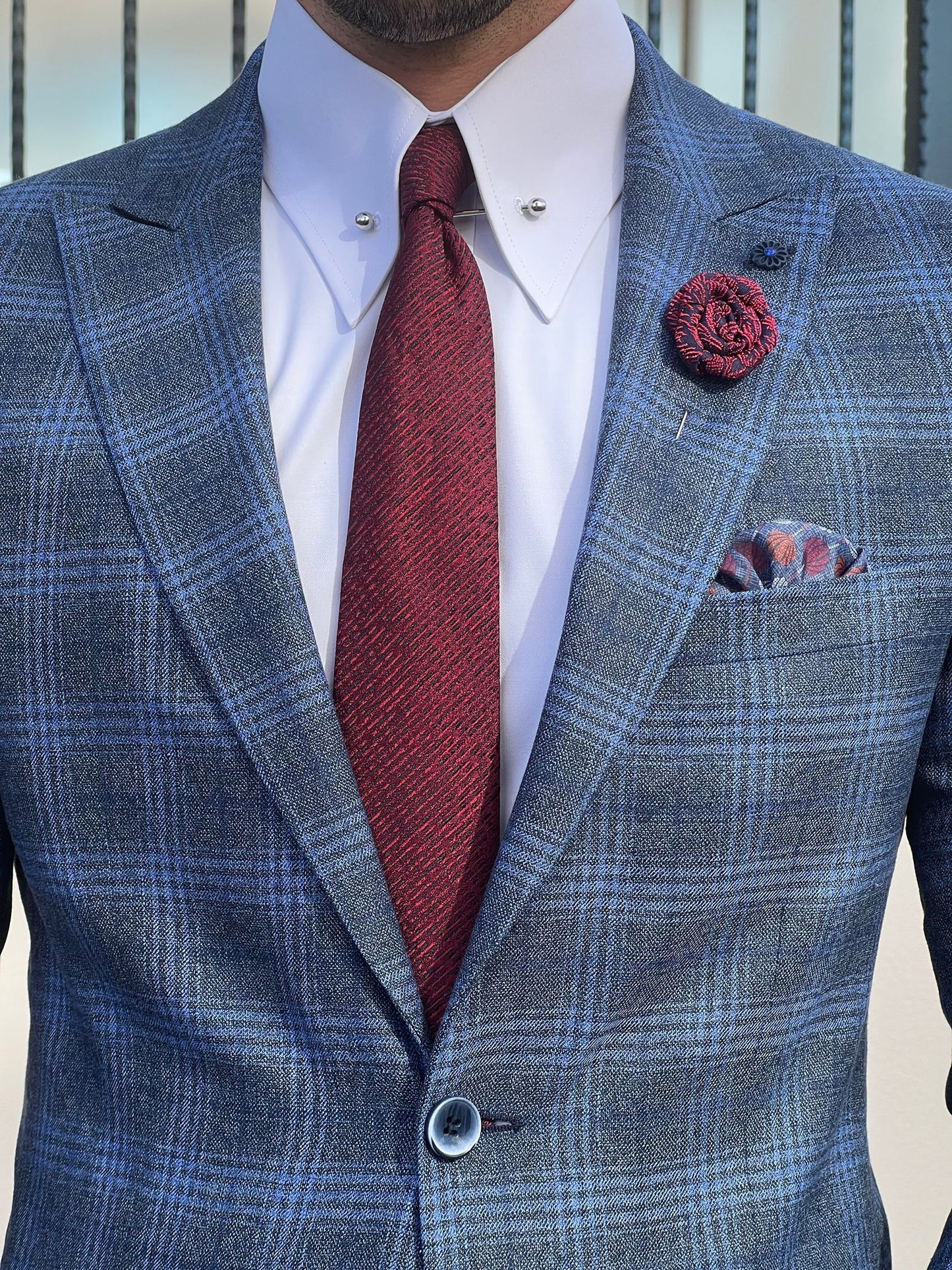 Messina Navy Blue Plaid Slim Fit Blazer