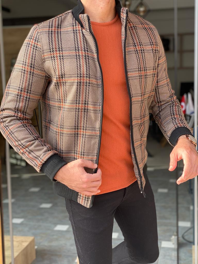 Madison Beige Plaid Slim Fit Coat