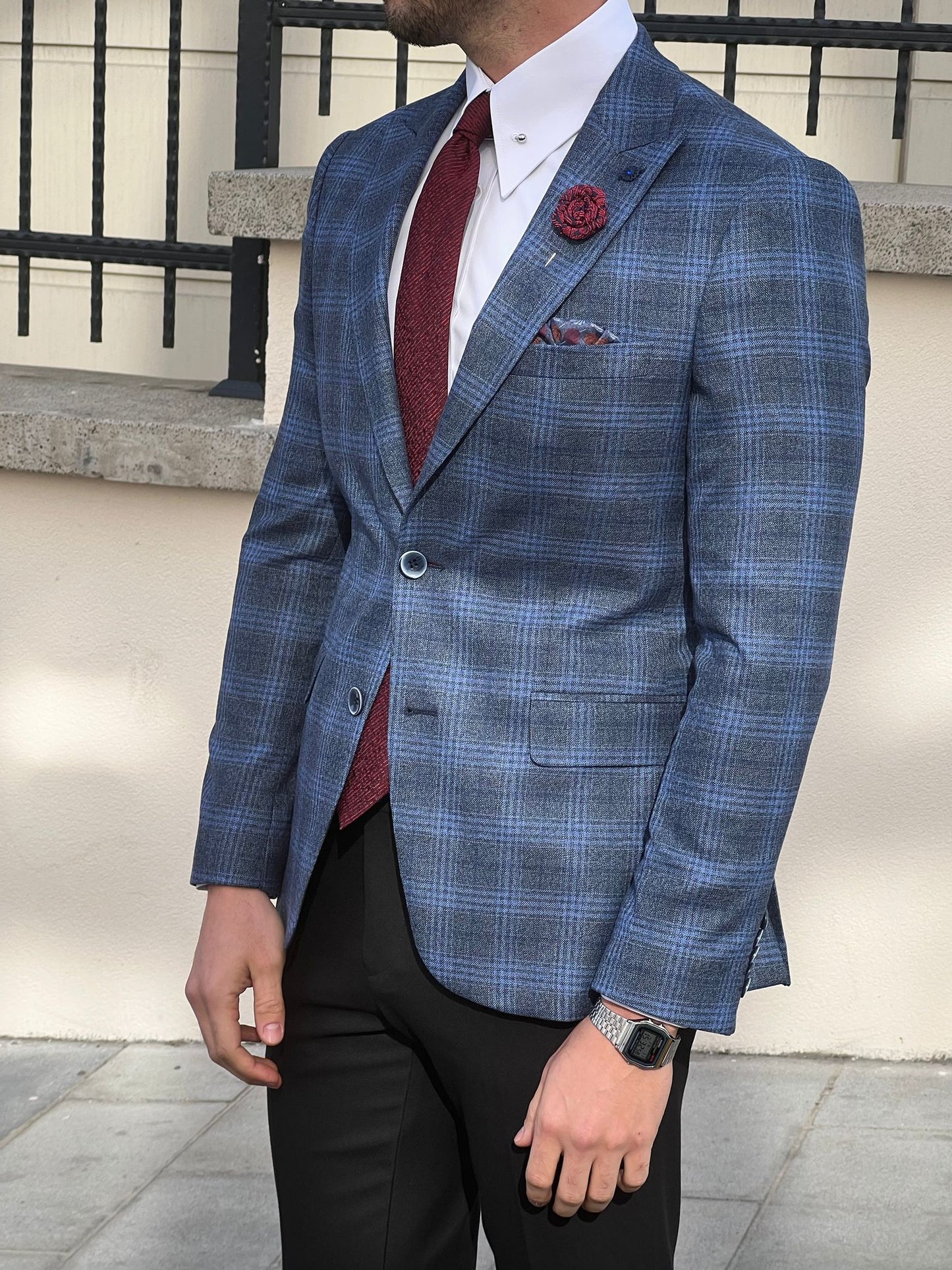 Messina Navy Blue Plaid Slim Fit Blazer