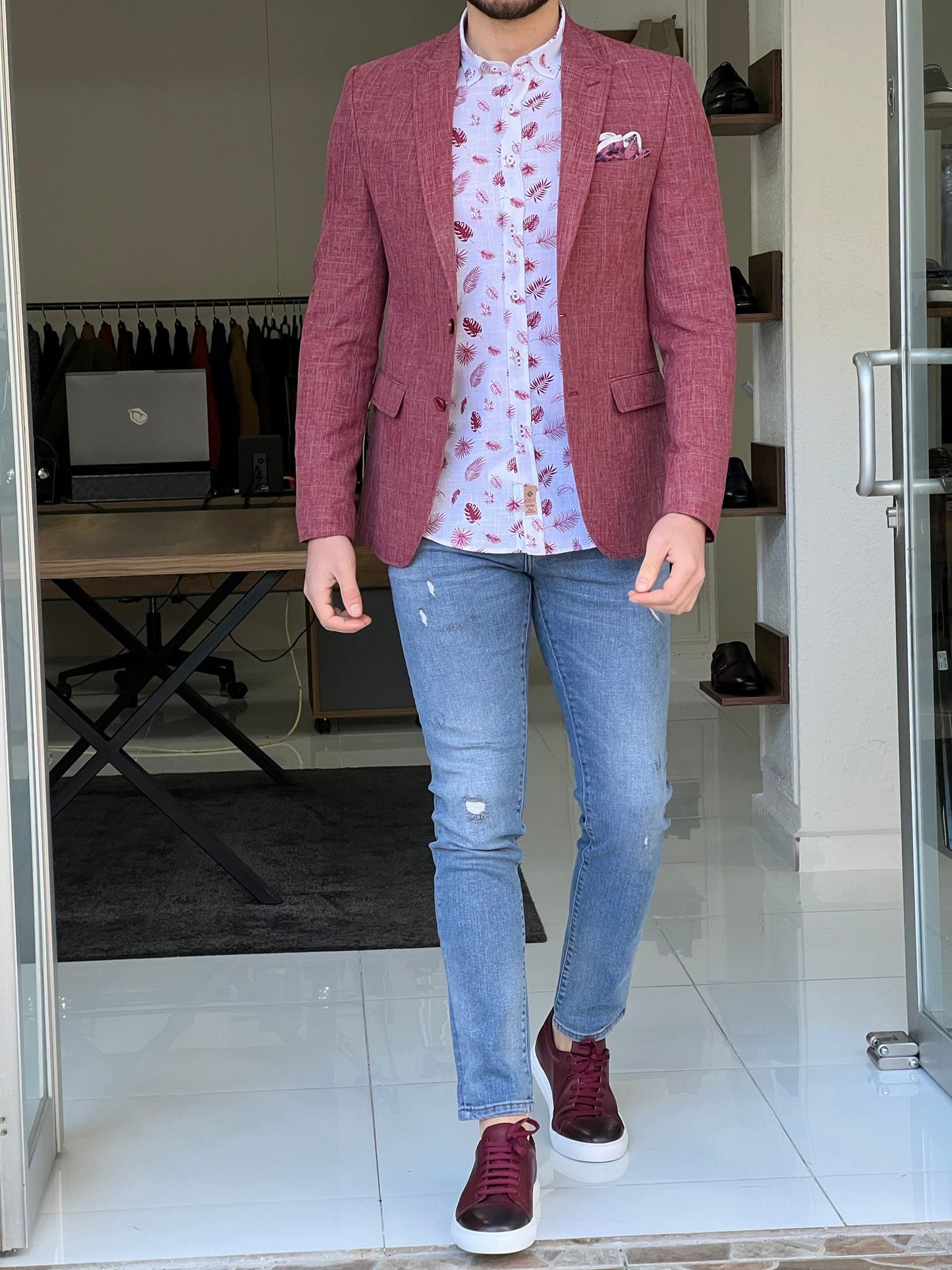 Oliver Red Self-Patterned Slim Fit Blazer