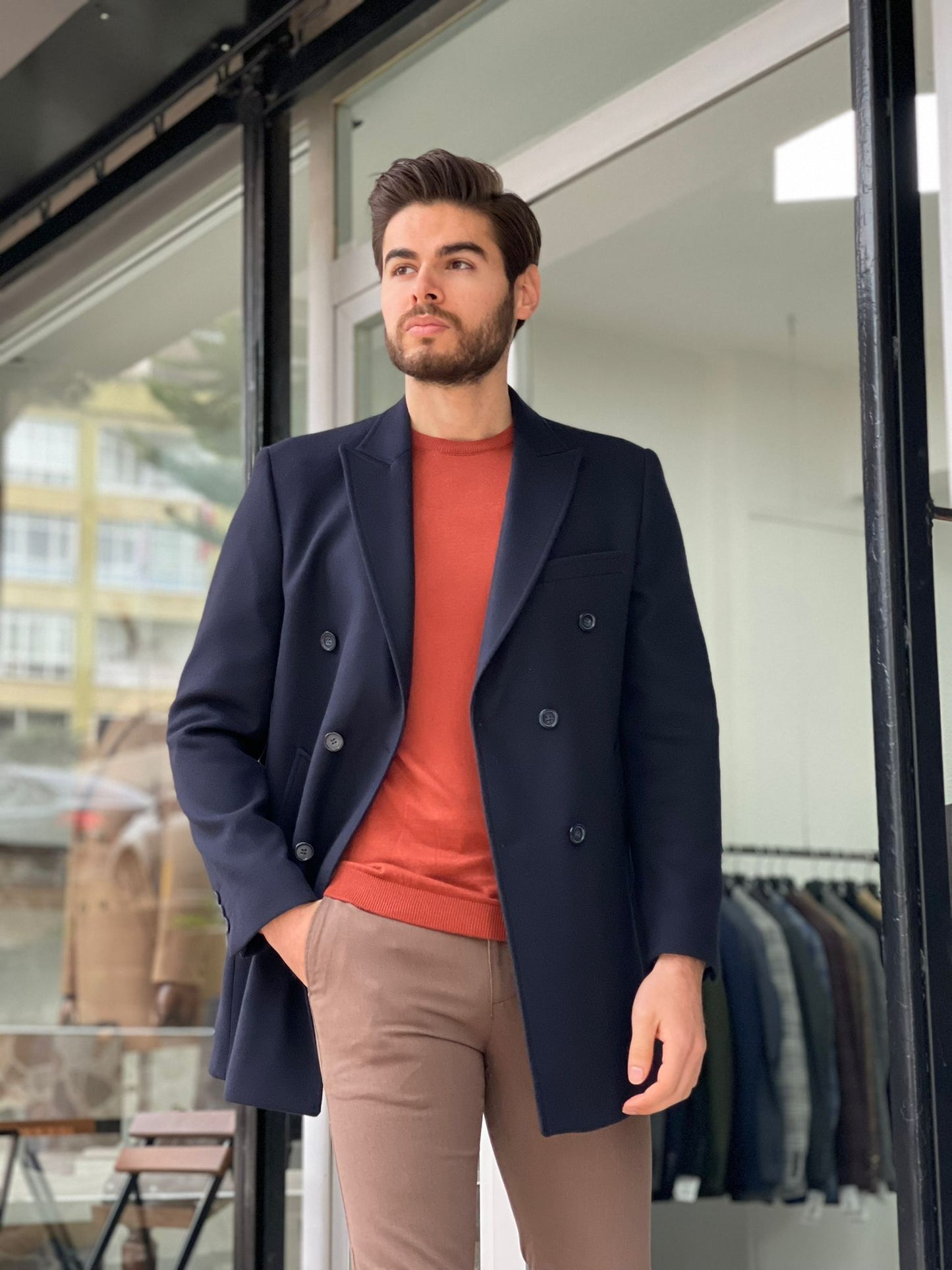 Denver Navy Blue Double Breasted Slim Fit Coat