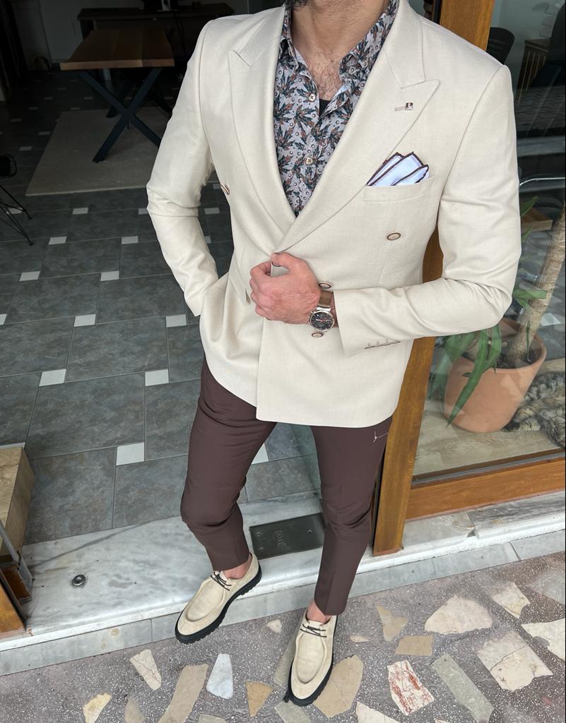 Nyon Beige Double Breasted Slim Fit Blazer