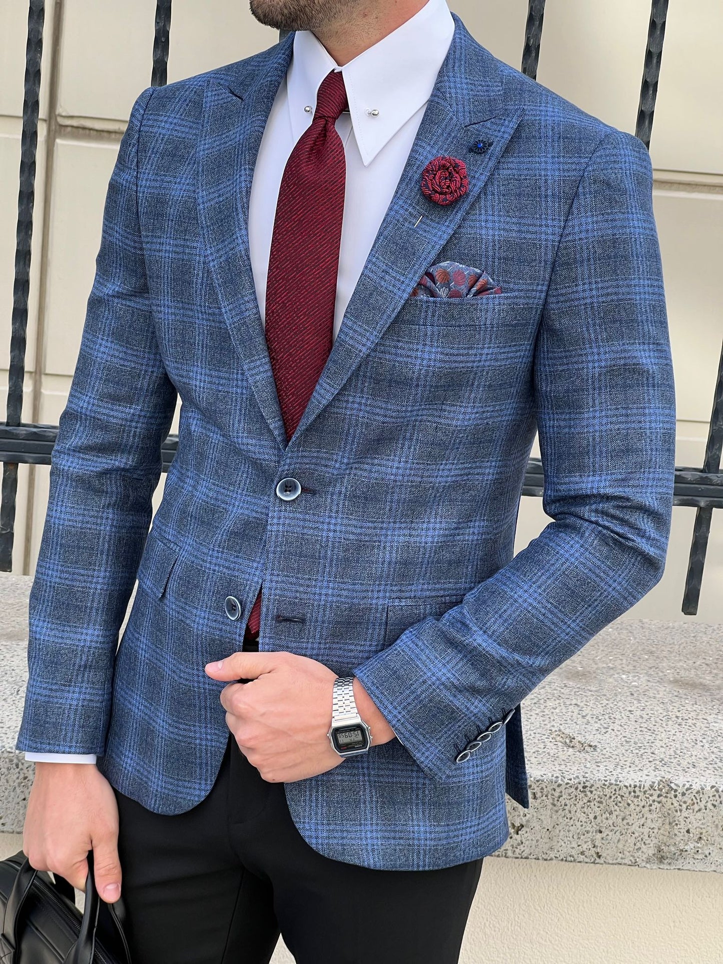 Messina Navy Blue Plaid Slim Fit Blazer
