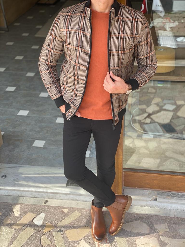 Madison Beige Plaid Slim Fit Coat