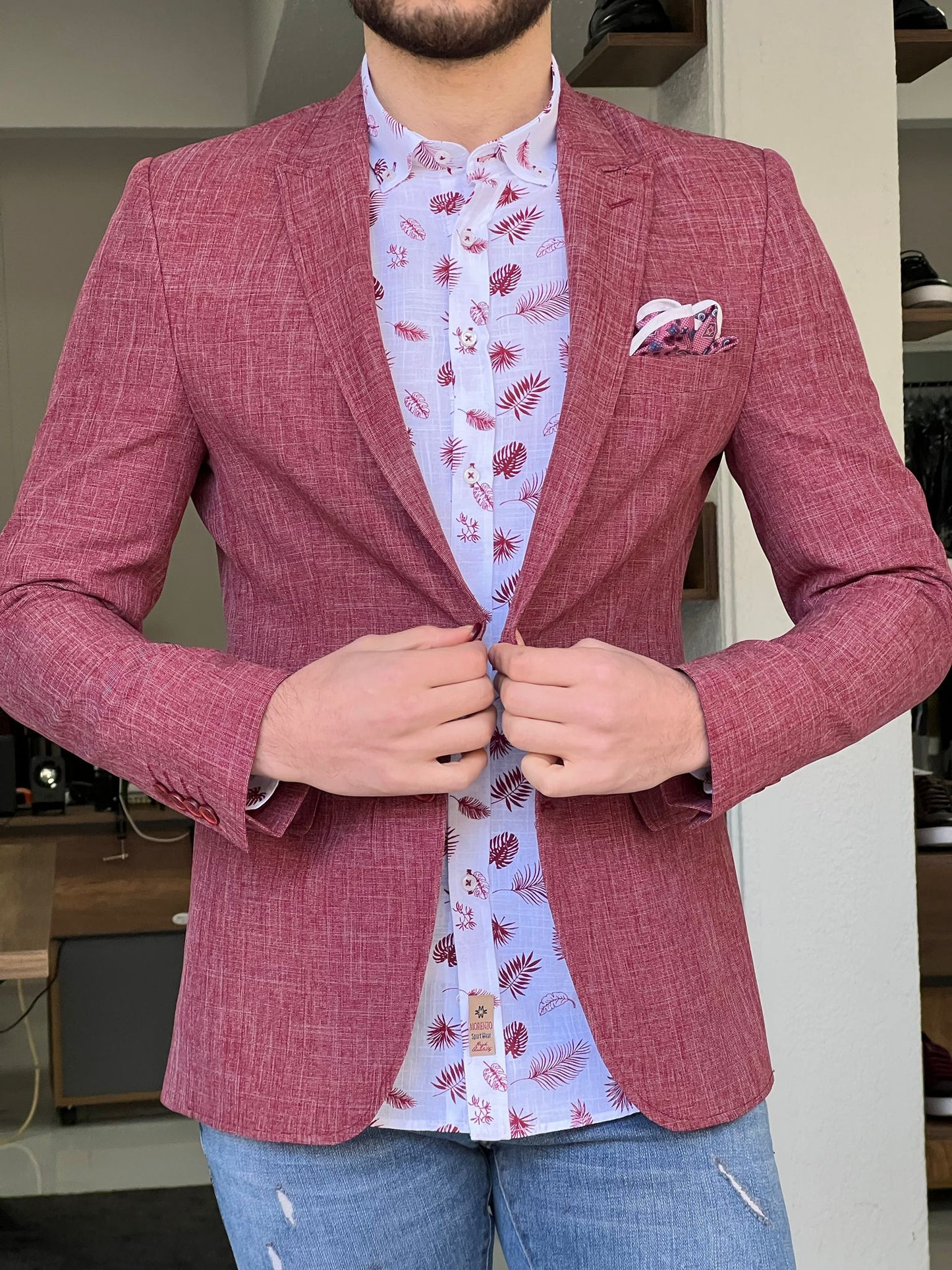 Oliver Red Self-Patterned Slim Fit Blazer