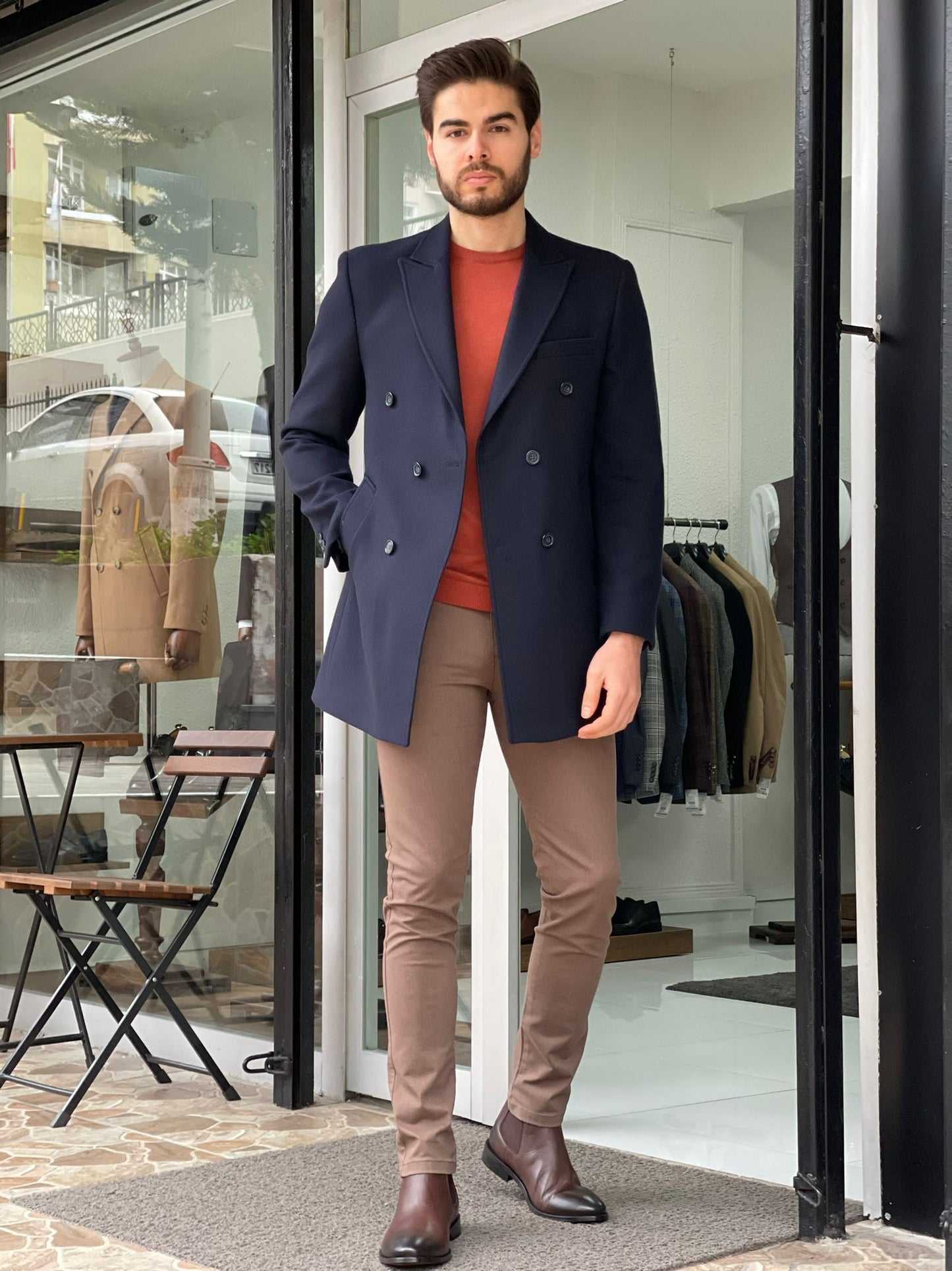 Denver Navy Blue Double Breasted Slim Fit Coat