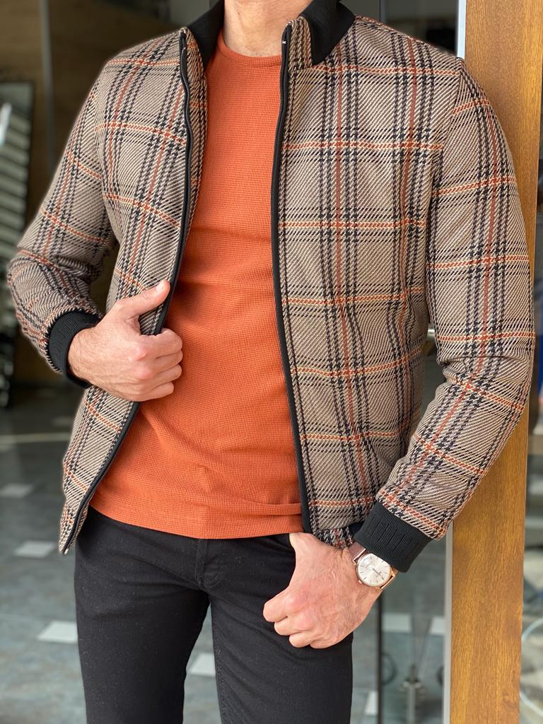 Madison Beige Plaid Slim Fit Coat