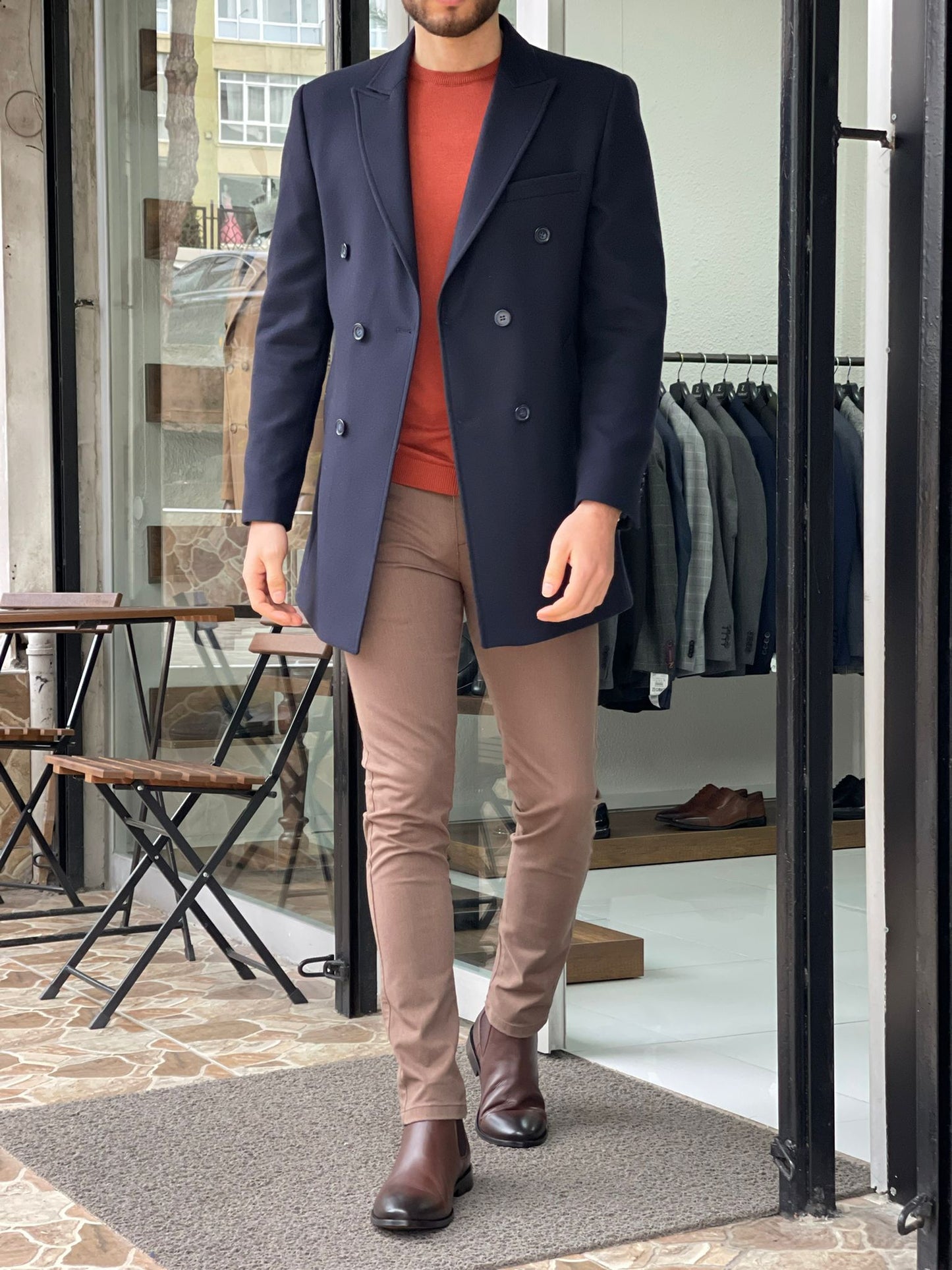 Denver Navy Blue Double Breasted Slim Fit Coat
