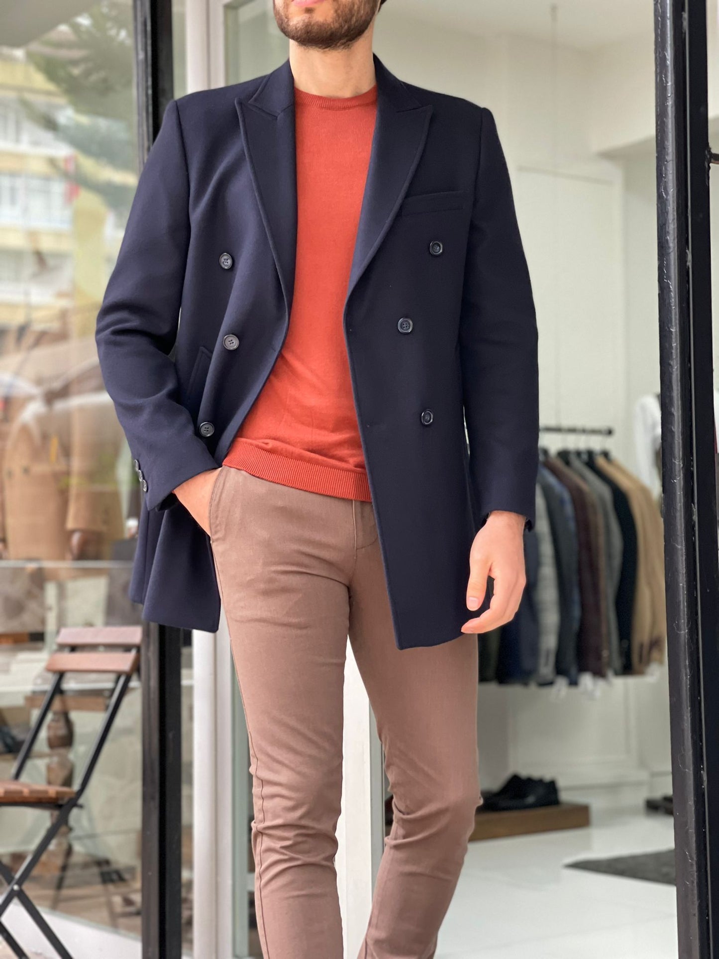 Denver Navy Blue Double Breasted Slim Fit Coat