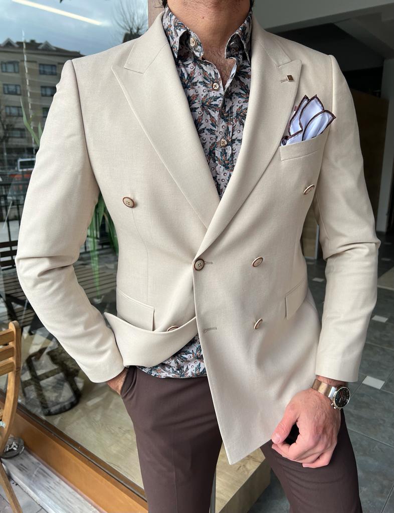 Nyon Beige Double Breasted Slim Fit Blazer