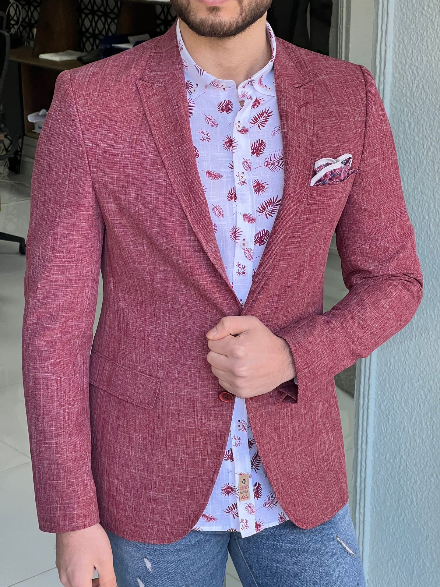 Oliver Red Self-Patterned Slim Fit Blazer