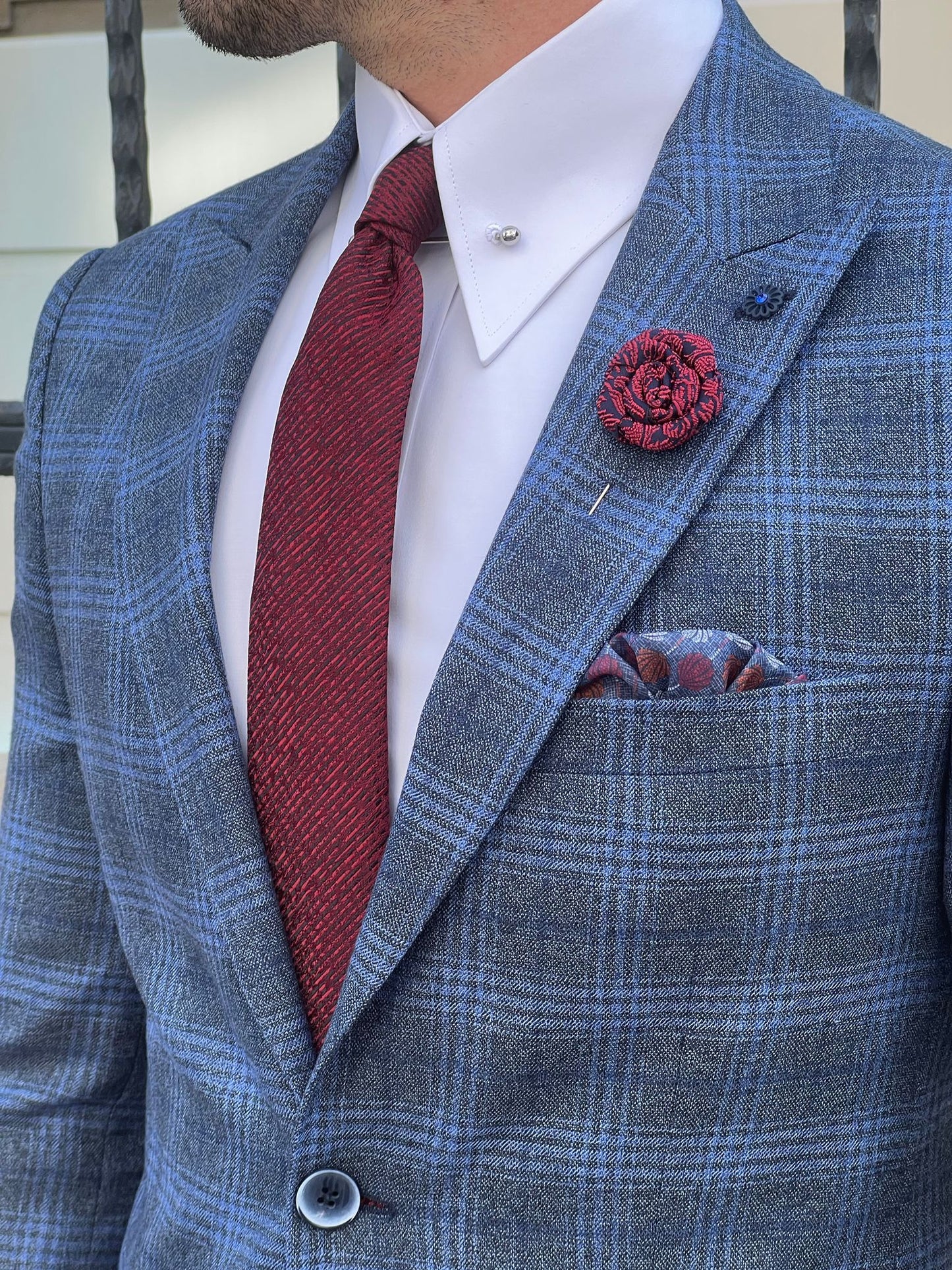 Messina Navy Blue Plaid Slim Fit Blazer