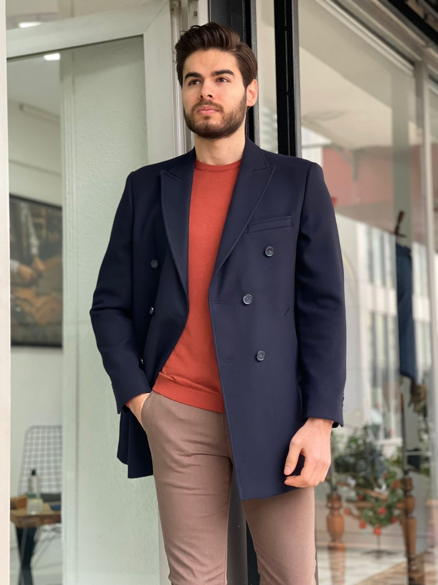 Denver Navy Blue Double Breasted Slim Fit Coat