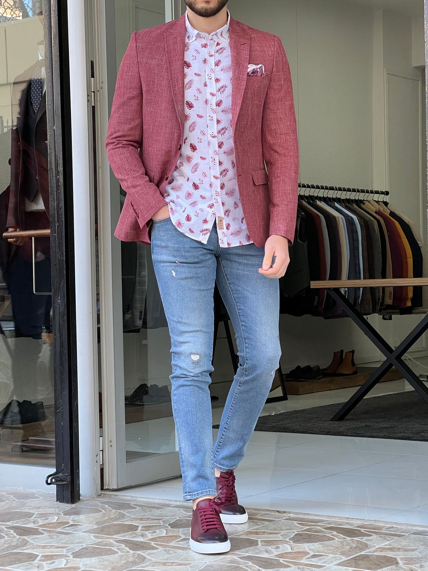 Oliver Red Self-Patterned Slim Fit Blazer