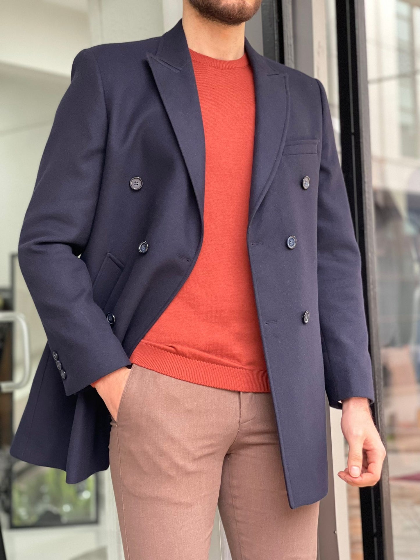 Denver Navy Blue Double Breasted Slim Fit Coat