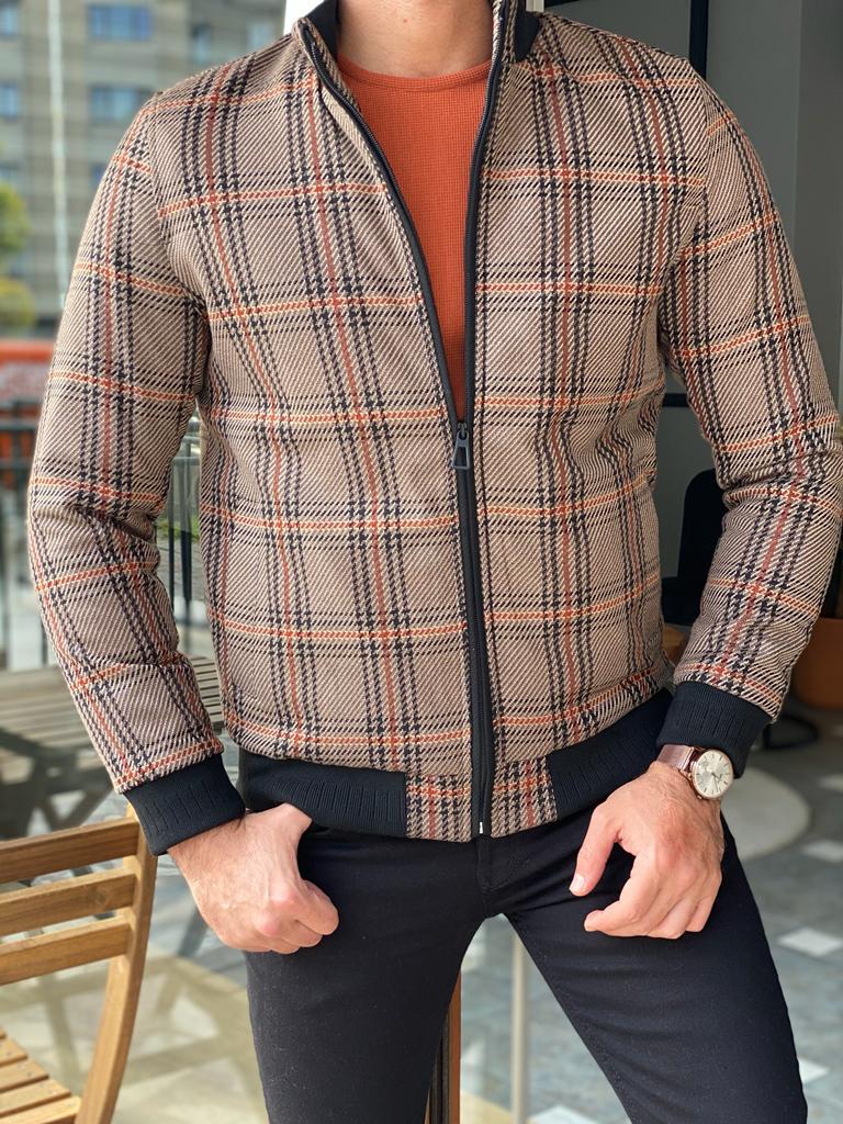 Madison Beige Plaid Slim Fit Coat