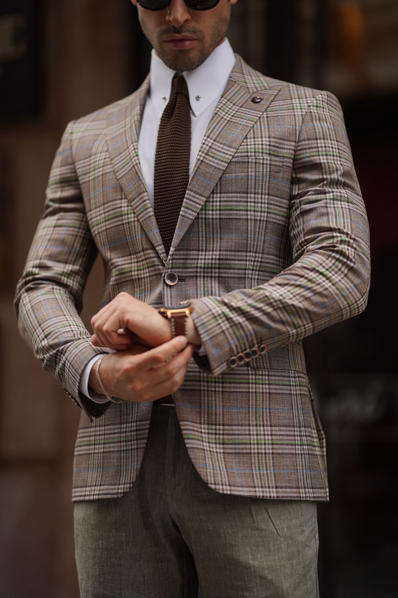 Rava Beige Plaid Slim Fit Blazer