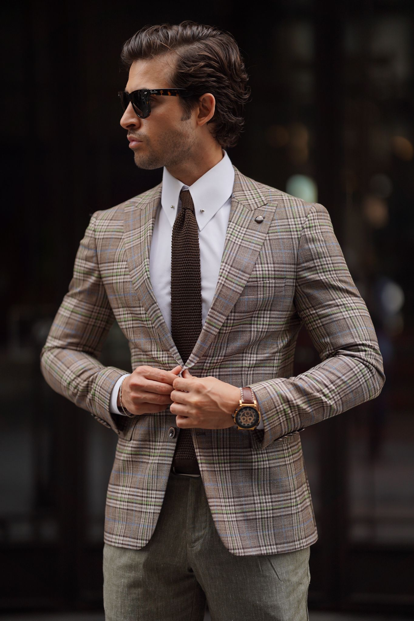 Rava Beige Plaid Slim Fit Blazer