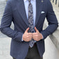 Samuel Navy Blue Houndstooth Wool Blazer