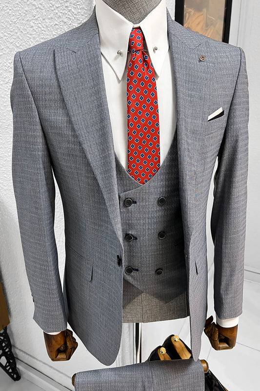 Selma Patterned Slim Fit Suit (Gray & Navy Blue)