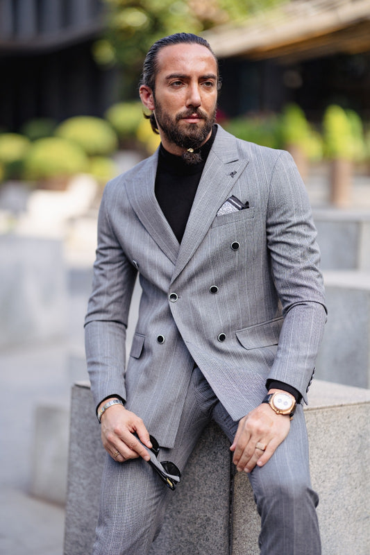 Rakla Gray Double Breasted Slim Fit Suit