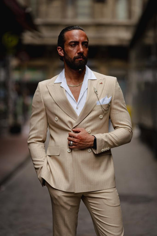 Lekra Beige Striped Double Breasted Suit