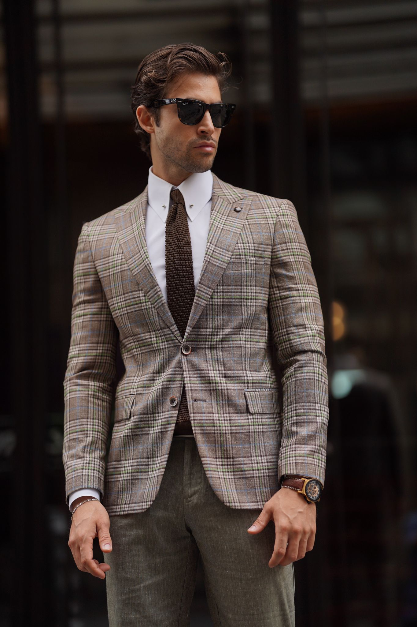 Rava Beige Plaid Slim Fit Blazer