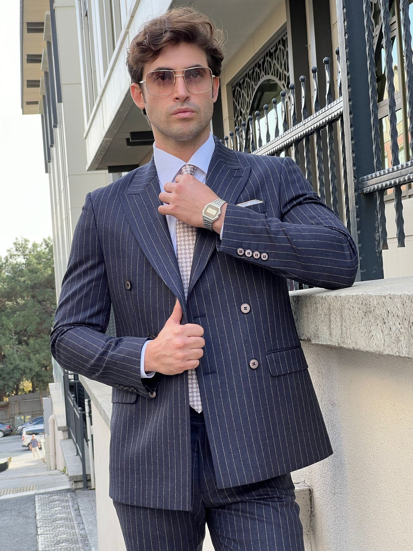 Conan Navy Blue Striped Double-Breasted Wool Suit