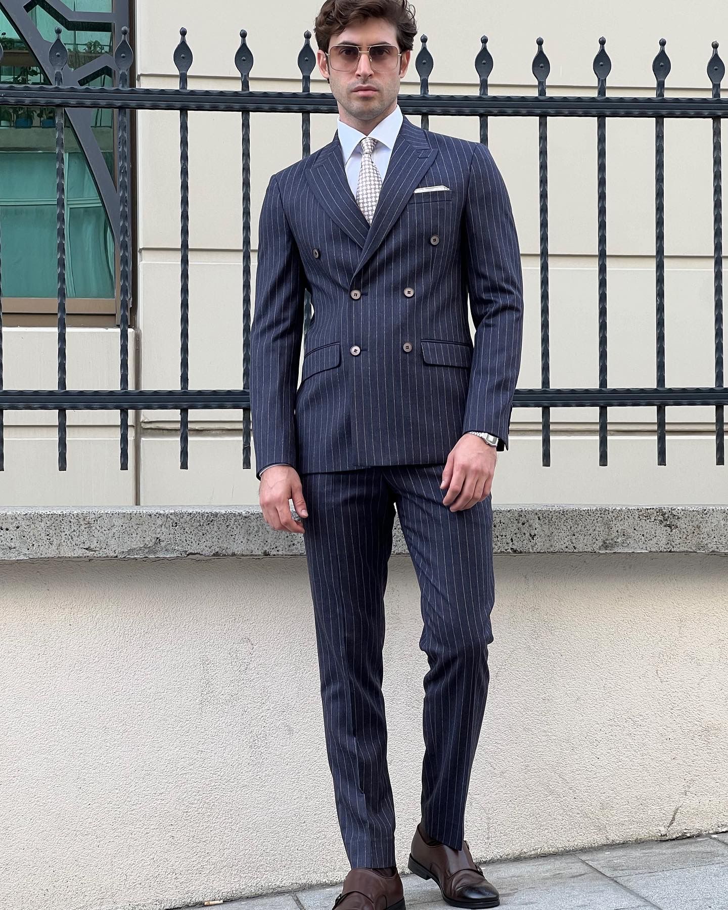 Conan Navy Blue Striped Double-Breasted Wool Suit