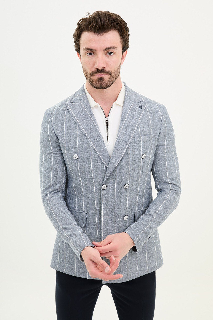 Rondo Ice Blue Striped Double Breasted Blazer