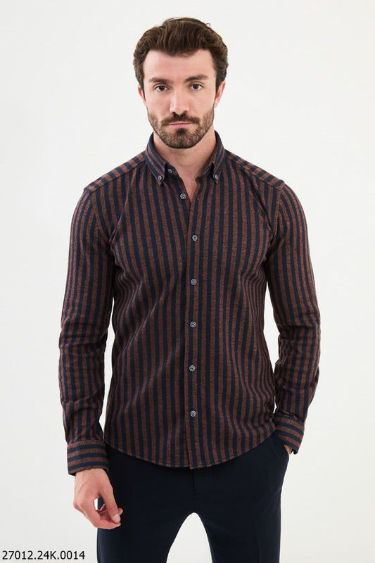 Slynt Brown & Navy Blue Striped Shirt