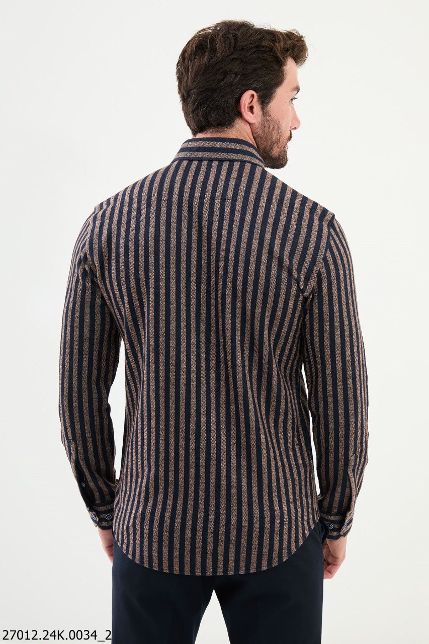 Slynt Beige & Navy Blue Striped Shirt