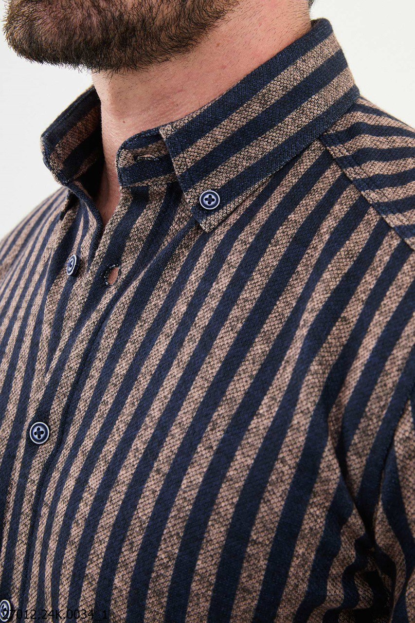 Slynt Beige & Navy Blue Striped Shirt