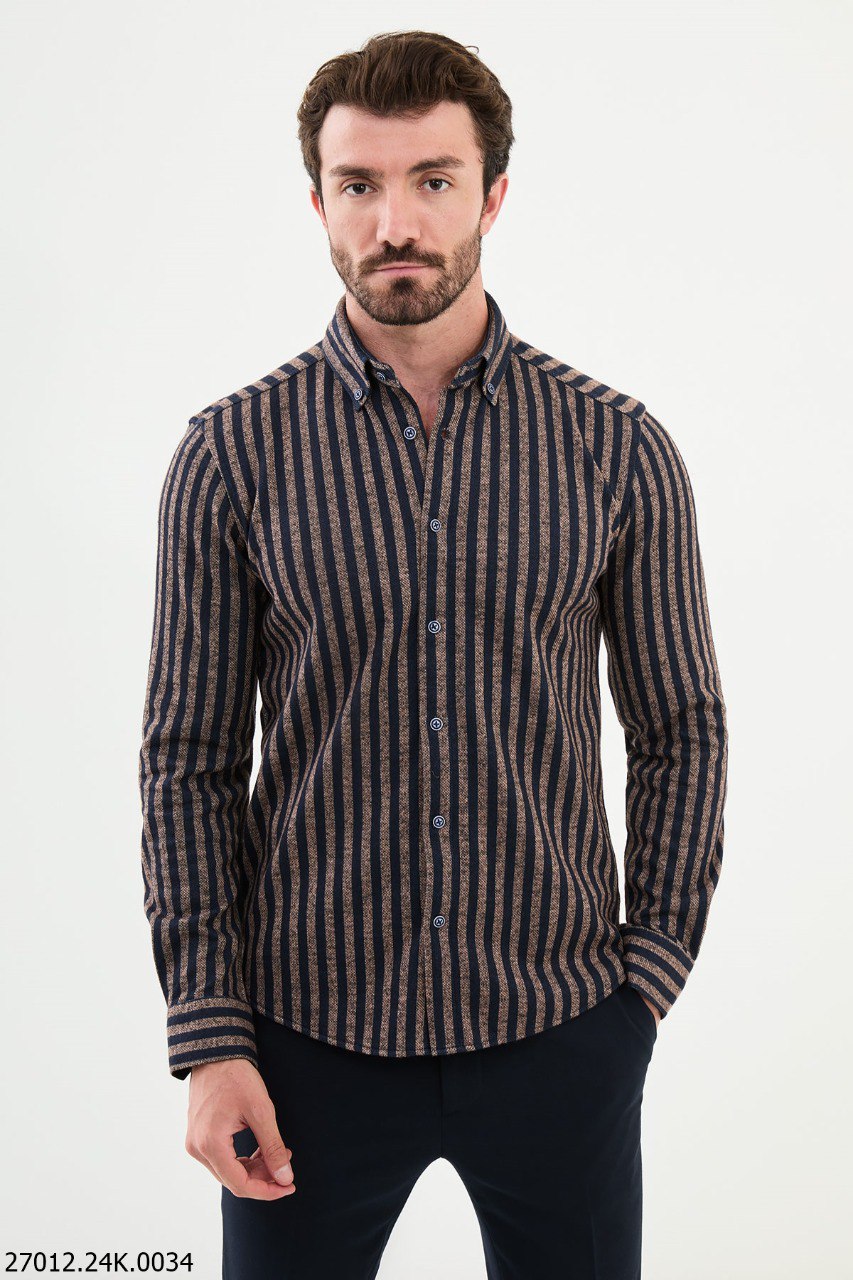 Slynt Beige & Navy Blue Striped Shirt