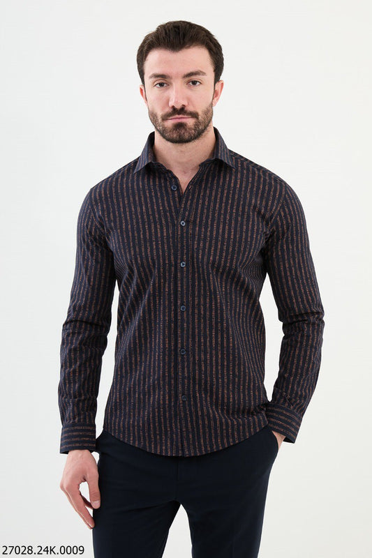 Dylan Navy Blue & Camel Striped Shirt