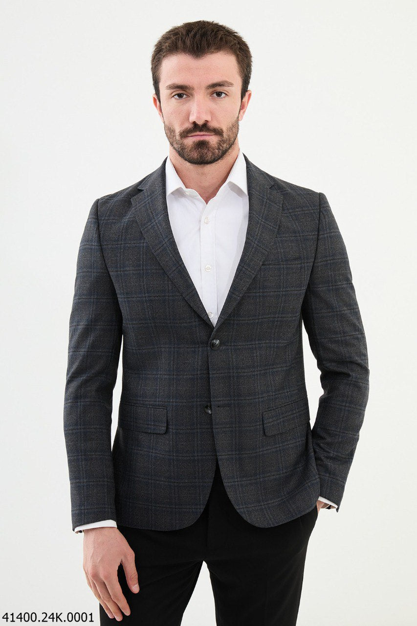 Moco Dark Blue & Gray Patterned Blazer