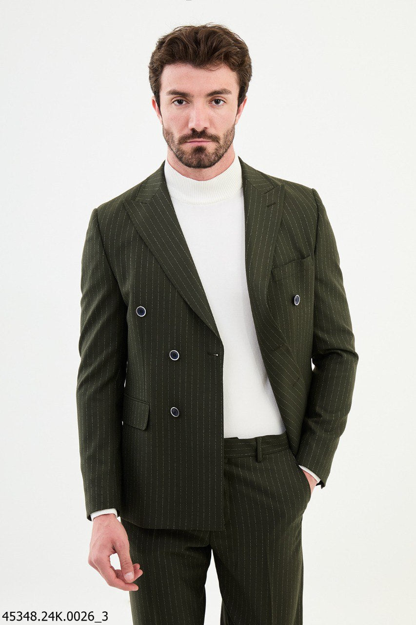 Copan Khaki Striped Double Breasted Suit