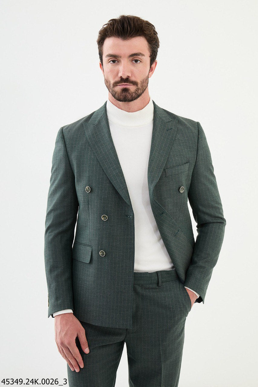 Copan Green Striped Double Breasted Suit