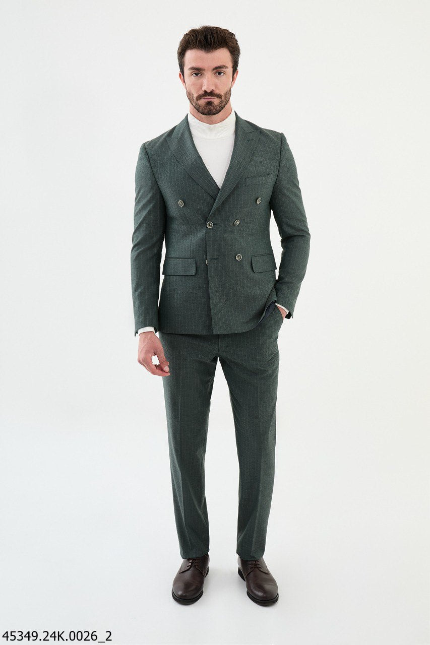 Copan Green Striped Double Breasted Suit