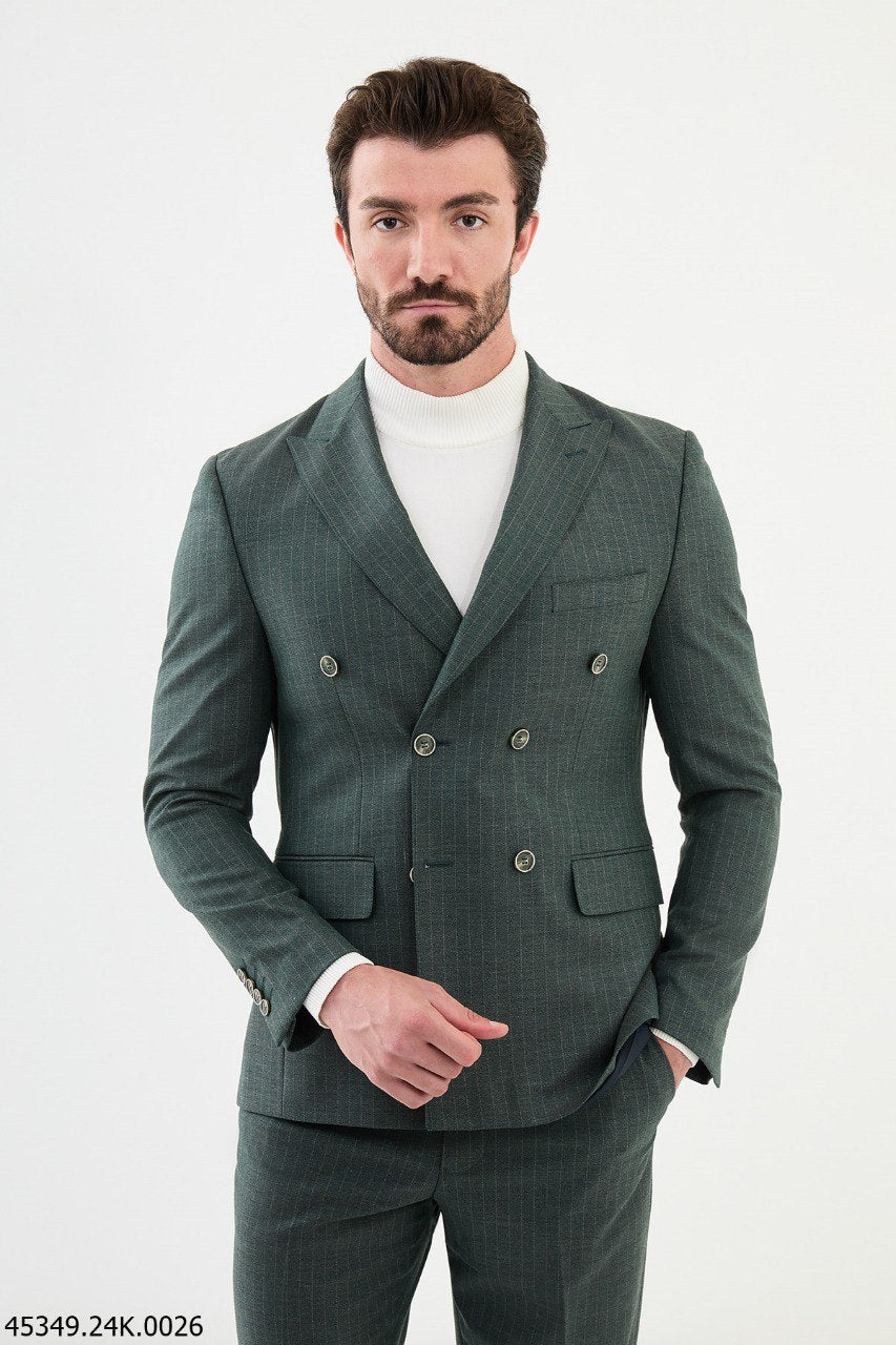 Copan Green Striped Double Breasted Suit