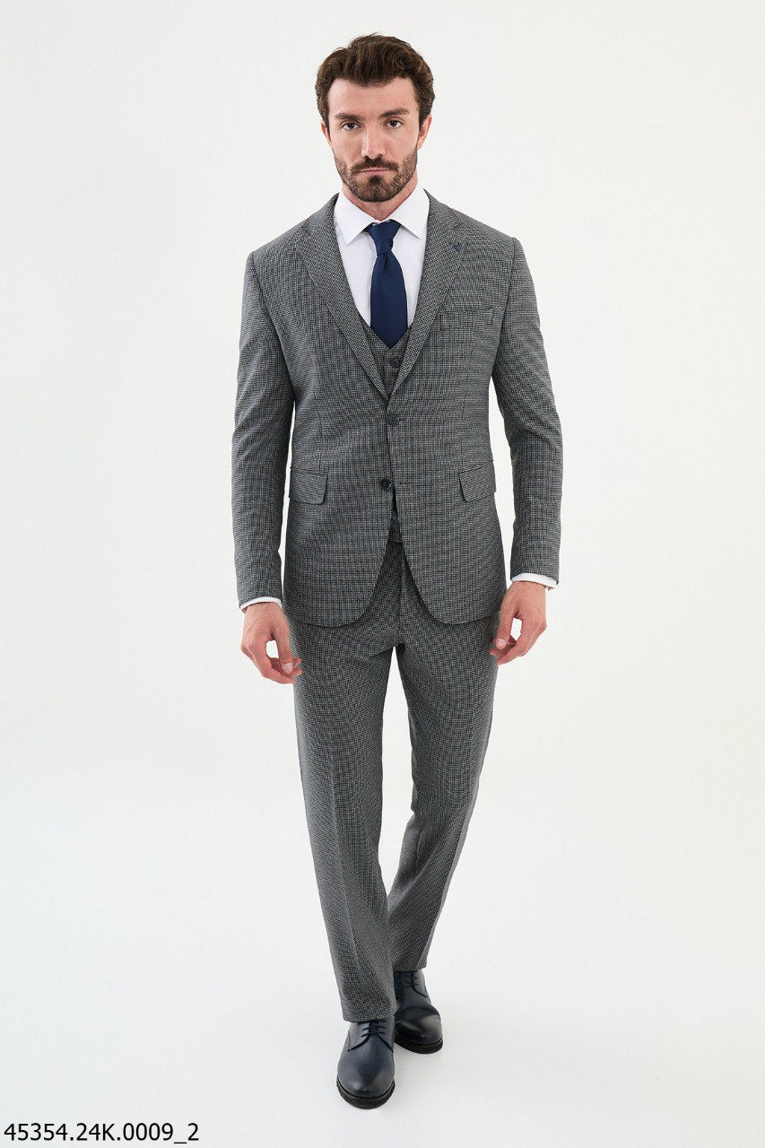 Blanko Navy Blue & Gray Patterned Suit