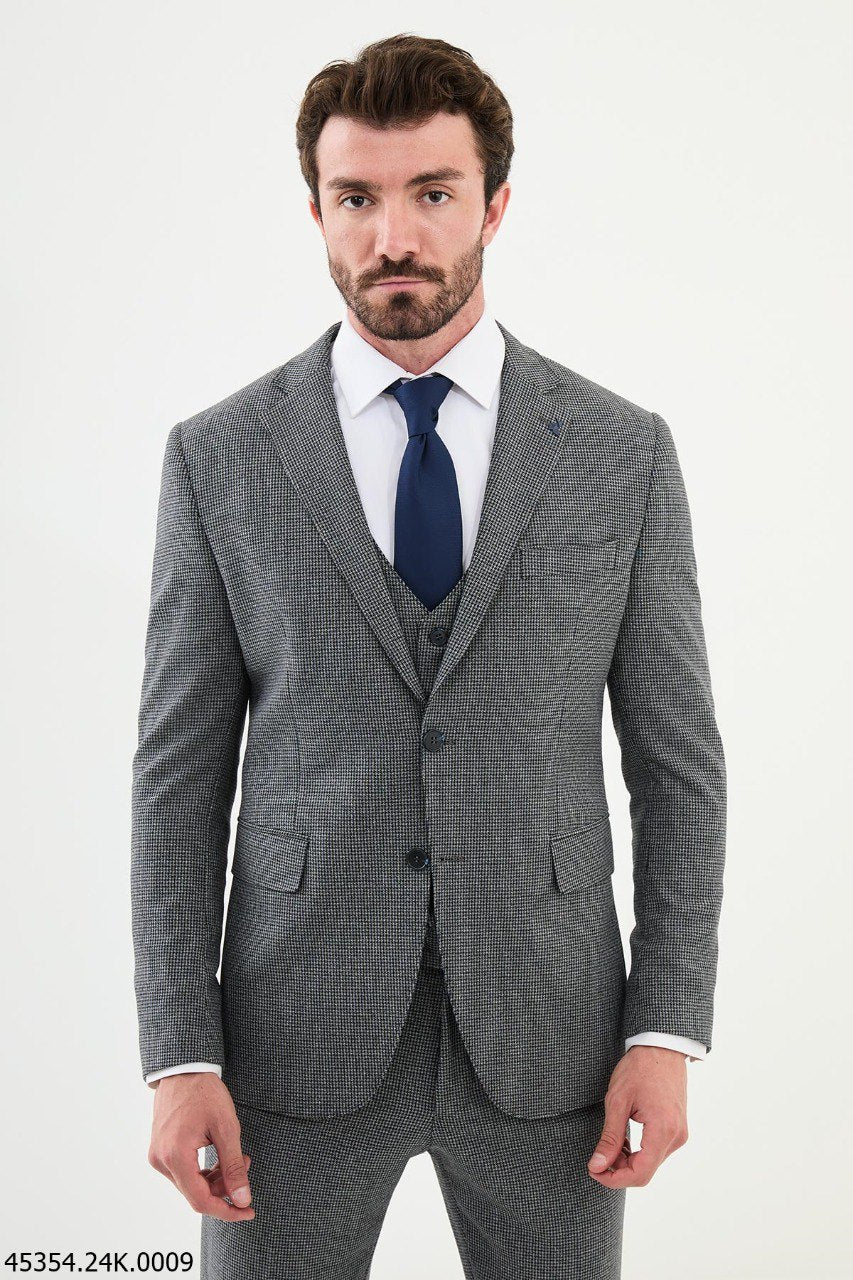 Blanko Navy Blue & Gray Patterned Suit