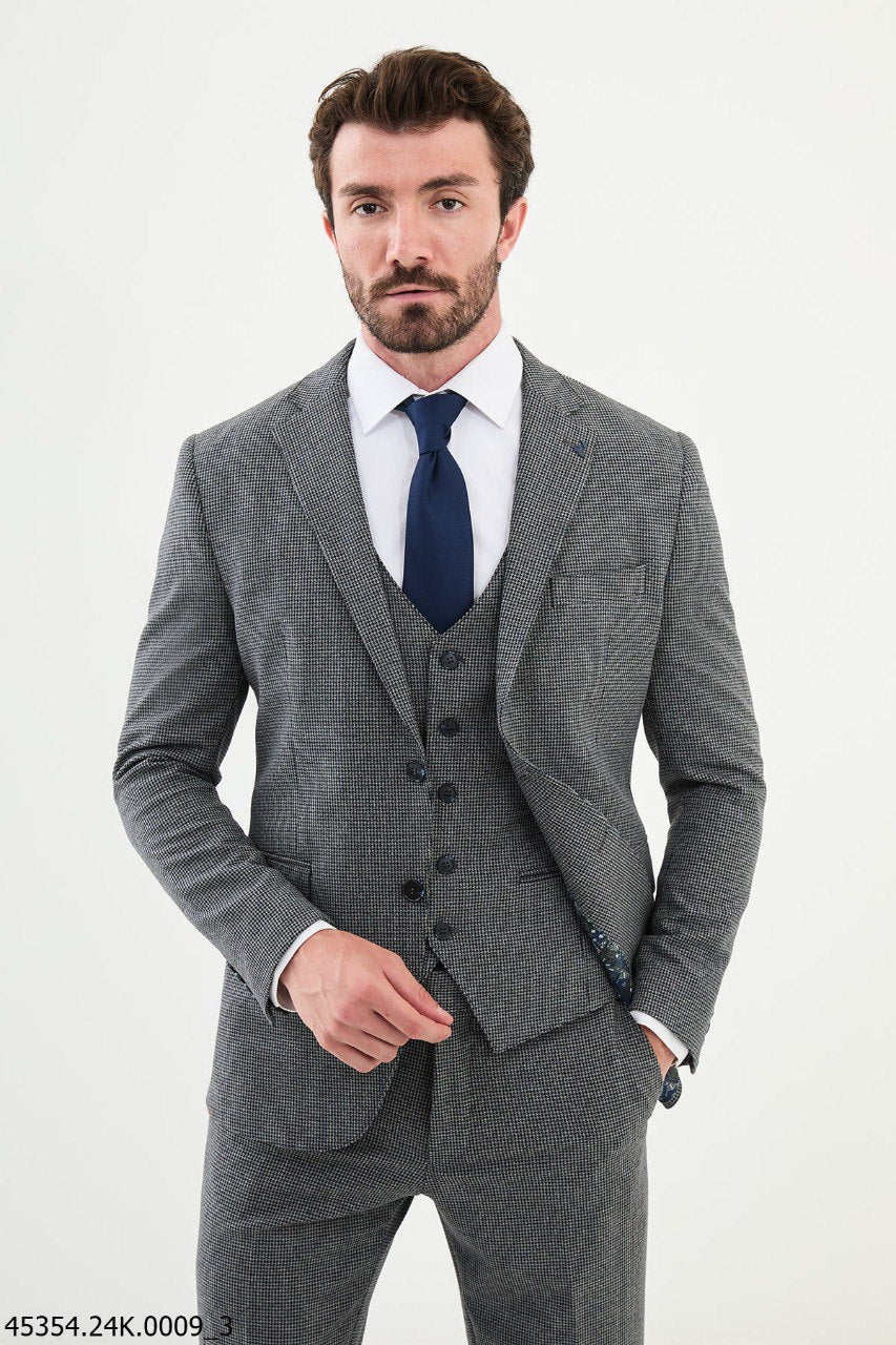 Blanko Navy Blue & Gray Patterned Suit